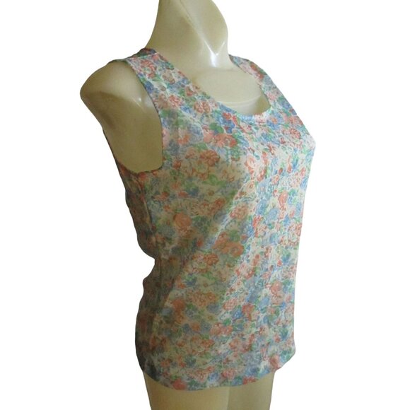 Vintage Women's Tank Top Medium 1970's Sheer Nylon Pink/Blue Flowers Stretch Med - Picture 2 of 7